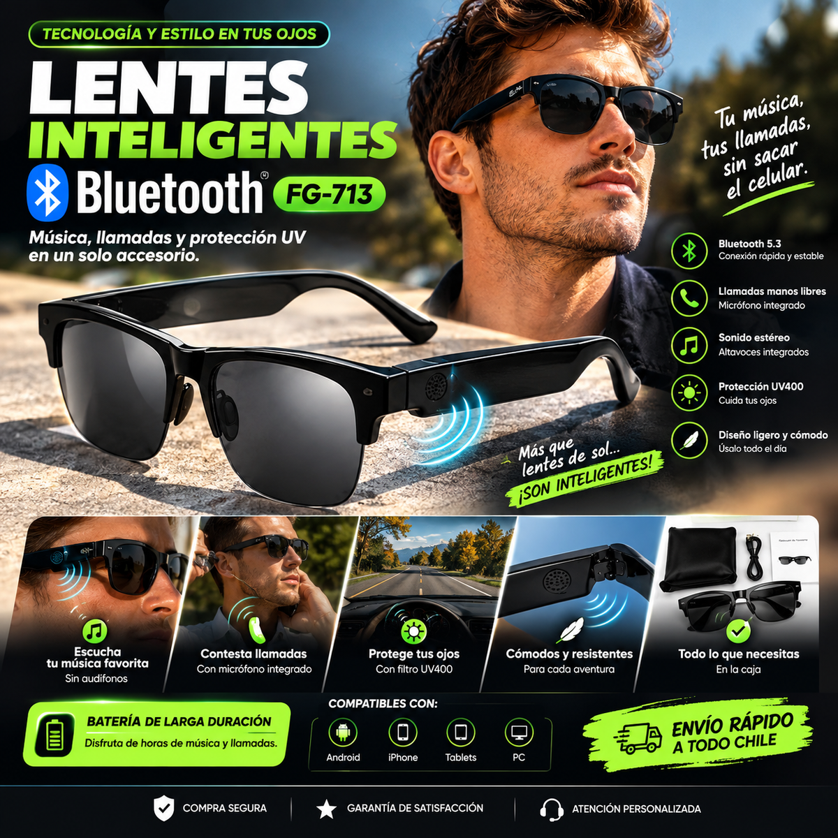 Lentes Inteligentes Bluetooth FG-713 | Música y Llamadas